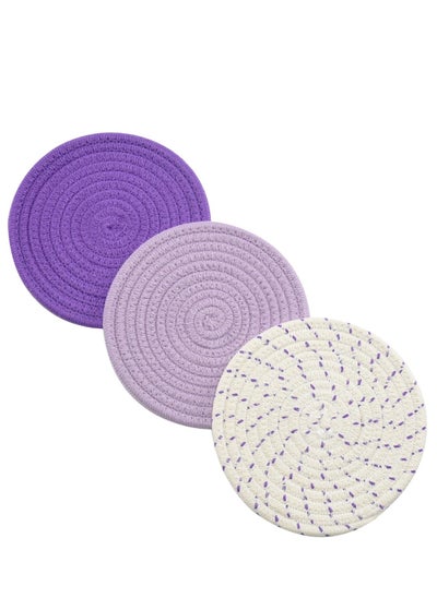 Buy Pot Holders Set Trivets Set 100% Pure Cotton Thread Weave Hot Pot Holders Set (Set of 3) Stylish Coasters, Hot Pads, Hot Mats, Spoon Rest for Cooking and Baking by Diameter 7 Inches (Purple) in Saudi Arabia