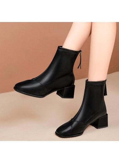 Buy New Korean Style Fashion Thick Heel Ankle Boots Womens Mid Heel Short Tube Stretch Boots Square Toe Rear Zipper Fashion Leather BootsBlack Black in UAE