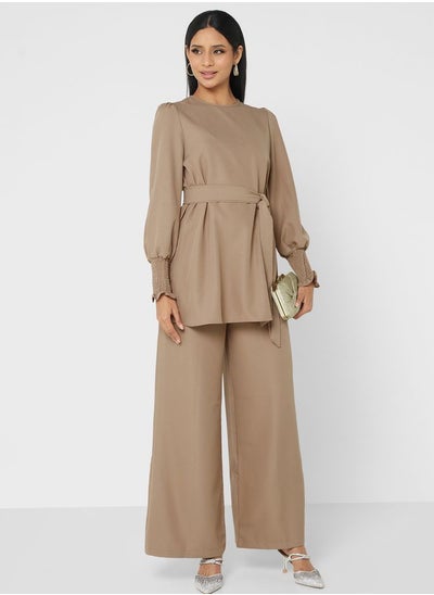 Buy Puff Sleeve Ruched Tie Detail Top& Pants Set in UAE