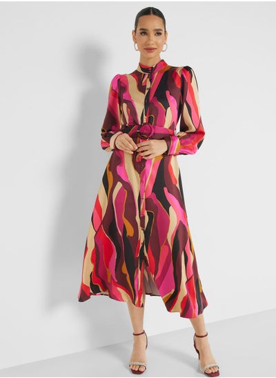 Buy Printed Button Down Belted Dress in UAE