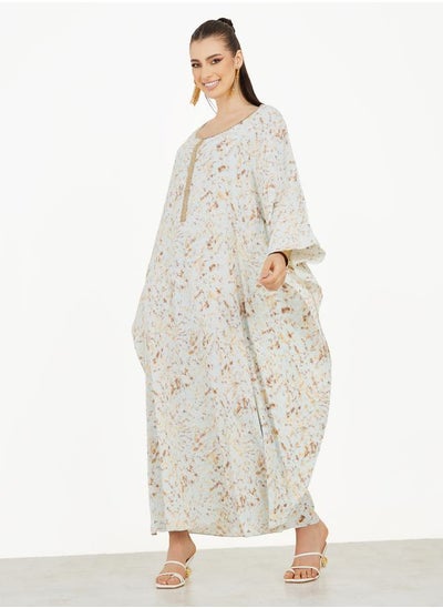 Buy All Over Print Kaftan with Lace Detail in Saudi Arabia