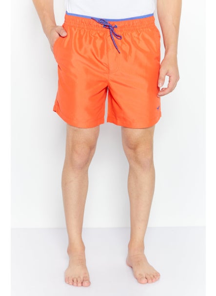 Buy Men Textured Drawstring Board Short, Red/Orange in UAE