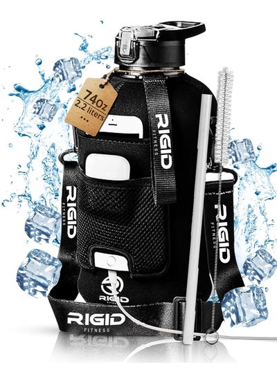 Buy RIGID FITNESS Gym Bottle & Hydration Jug - Large Water Bottle with Straw, Storage Sleeve for Phone - BPA-Free & Healthy Sports Bottle for Workout, Hiking, and Daily Use - 2.2L/74oz (Black) in UAE