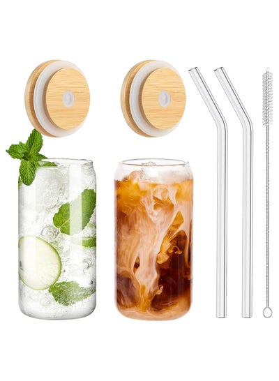 Buy Can Shaped Drinking Glass Sake Cups with Straws 16oz Iced Coffee Glasses Tumbler Cup Clear Water Bottle Set of 2 in UAE