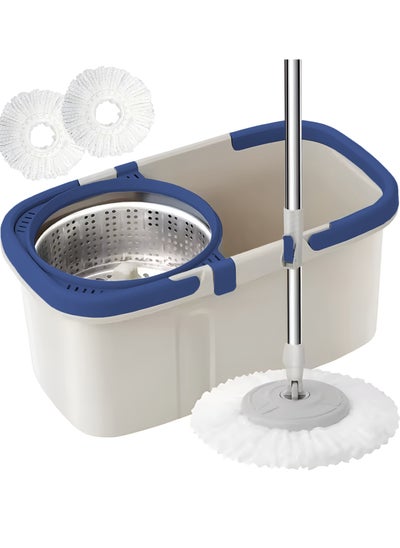 Buy Spin Mop For Floor Cleaning, Stainless Steel Mop and Bucket With Telescopic Handle, Hands Free Wringing, Floor Mop With 6L Large Capacity and Reusable Refills For Home Office (Cream/Blue) in UAE