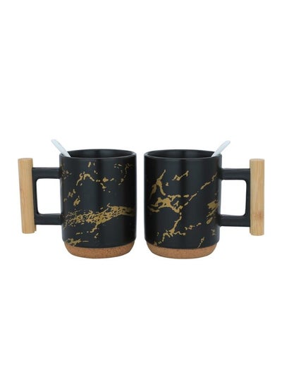 Buy Gilded Black Mug Set With Wooden Handle 300 ML in Saudi Arabia