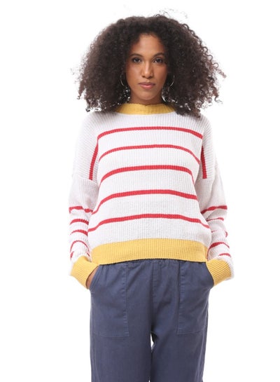 Buy Tri-Tone Crew Neck Knitted Pullover - Yellow, White & Red in Egypt