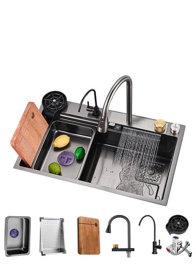 MIMRTIMI Waterfall Drop-In Kitchen Sink – 304 Stainless Steel Single Bowl With Pull-Out Faucet, Cutting Board & Accessories (Multiple Sizes)