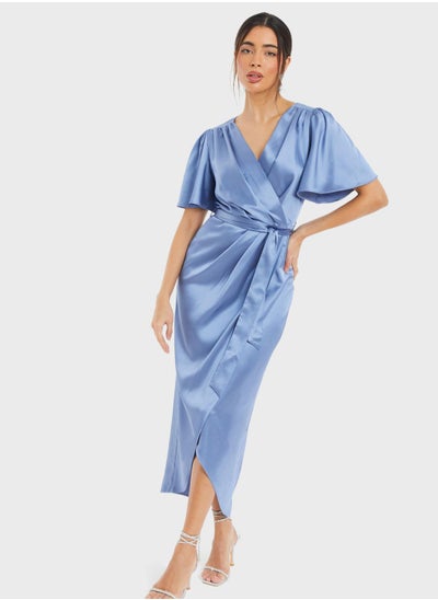 Buy Flared Sleeve Tie Detail Wrap Dress in Saudi Arabia