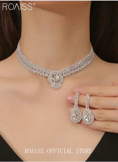 Buy 3 Pcs Rhinestone Necklace Earrings Set Drop-Shaped Pendant V-Neck Chain Ear Dangle Bridal Evening Dress Accessories for Women in Saudi Arabia