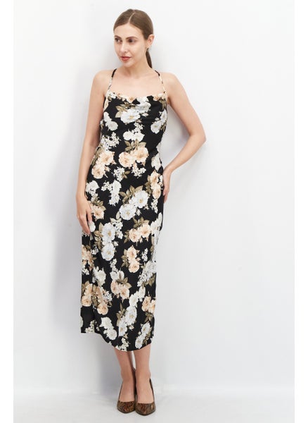 اشتري Women Floral Pattern Midi Casual Dress, Black في الامارات