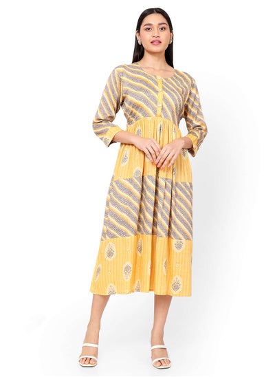 Buy FLORAL AND STRIP PRINTED FRONT STYLED BUTTONED ARABIC KAFTAN JALABIYA DRESS in UAE