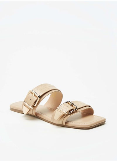 اشتري Textured Slip-On Dual Strap Slide Sandals with Buckle Accent في الامارات