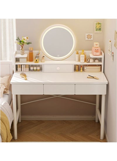 Buy Modern White Vanity Desk with LED Mirror Storage Shelves and Silent Drawers 100cm in UAE