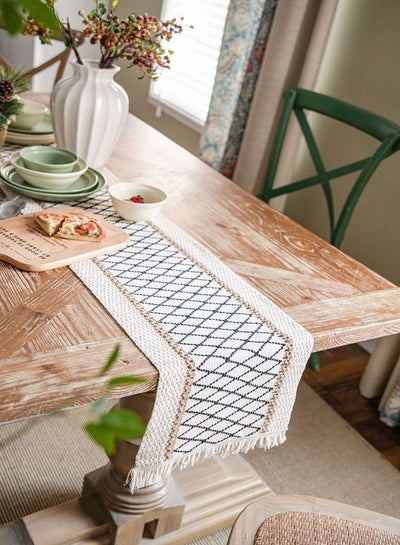 Buy Gray  Cotton Striped Woven Tassel Rectangular Table Runner in Saudi Arabia