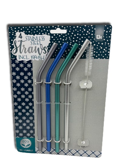 Buy Reusable Stainless Steel Metal Straws With Cleaning Brush - Set of 5 in UAE