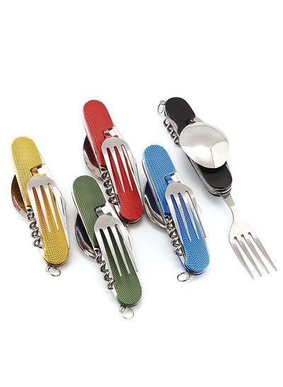 Buy 5 Piece Set of 6 in 1 Camping Cutlery Detachable Folding Stainless Steel Fork Knife Spoon Bottle Opener in UAE