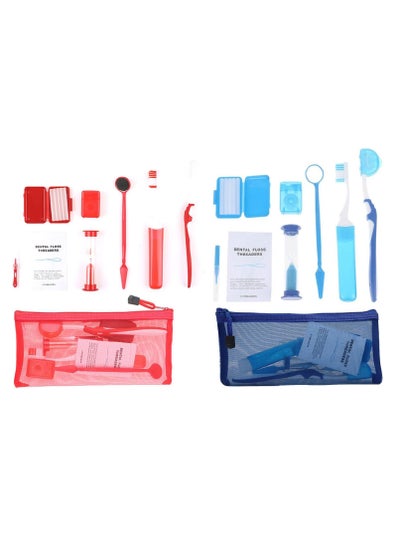 Buy 2 Sets, 16 Pieces Comprehensive Portable Orthodontic Care Kit: Includes Orthodontic Toothbrush, Travel Toothbrush, Interdental Brush, Ortho Wax, Floss, Oral Mirror, Dental Floss Threaders, and Hourglass Timer (Blue & Red) in UAE