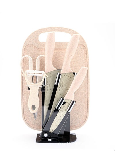 Buy 7-Piece Kitchen Knive Set With Cutting Board Beige in Saudi Arabia