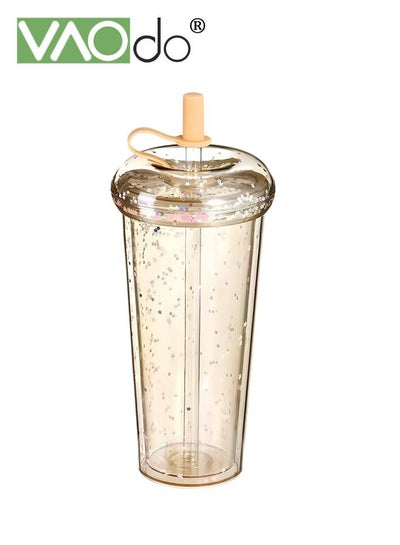 Buy Double-Layer  Water Bottle with Straw Sequins Suitable for Milk Water Coffee Juice Water Cup Orange in UAE