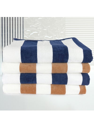 Buy 4 Piece Bathroom Towel Set TREND 450 GSM 100% Cotton Velour 4 Bath Towel 70x140 cm Blue & Brown Color Modern Stripe Design Luxury Touch Extra Absorbent in UAE