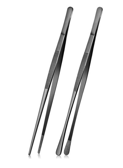 اشتري Cooking Tweezer Tongs, Stainless Steel 12" Kitchen Pointed Round Head Tweezers with Precision Serrations for Baking Decor, Kitchen Cooking, Grilling Seafood 2 Pcs, Black في الامارات