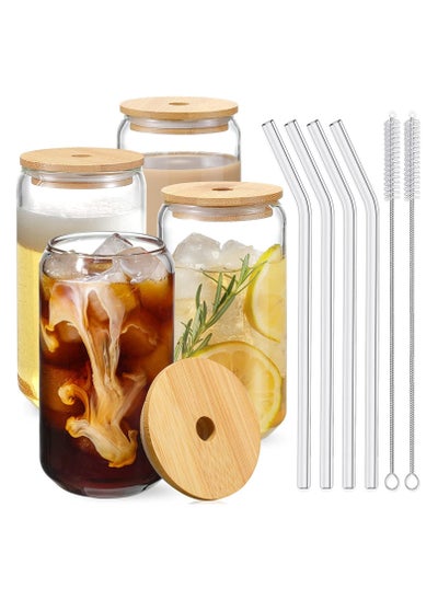 اشتري Drinking Glasses with Bamboo Lids and Glass Straw - 16oz Can Shaped Glass Cups, Beer Glasses, Iced Coffee Glasses, Cute Tumbler Cup, Ideal for Cocktail, Whiskey, Tea, Cola, Juice,Soda. في الامارات