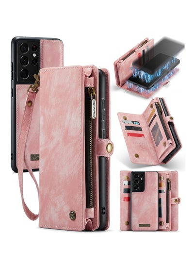 Buy Protective Phone Cover Case Wallet Case For Samsung Galaxy S21 Ultra, 2 in 1 Detachable Premium Leather Magnetic Zipper Pouch Wristlet Flip Phone Case (Pink) in UAE