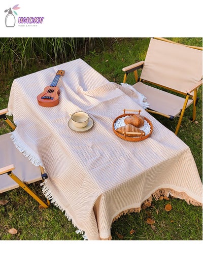 Buy Tablecloth, Terylene Cotton With Tassel End Table Dustproof Cover, Picnic Blanket, Khaki in Saudi Arabia