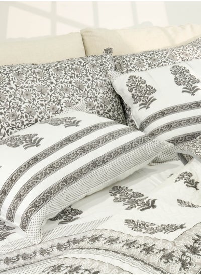 اشتري 6 pcs Reversible Design 100% Organic Cotton Quilt Set Floral Hand Print Grey Color Super King Size في الامارات