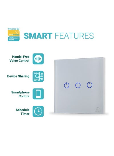 اشتري 3-Gang WiFi Touch Wall Switch لا حاجة إلى سلك محايد يعمل مع Alexa و Google Home Assistant و Siri أبيض في الامارات