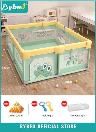 Buy Baby Playpen Fence, Portable Babies Playards for Toddlers, Safety Infant Activity Center,  Sturdy Play Area, with 2 Pull Rings, 60 Marine Balls and Storage Bag, 150x180cm in UAE