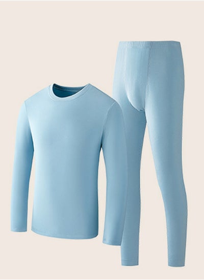 Buy Mens Solid Color Skin Friendly Thick Long Johns Fleese And Thermal Underwear Set, 2 Piece Cold Weather Base Layer Set for Men Blue in Saudi Arabia