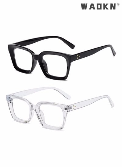 Buy Classic Non-prescription Clear Lens Eyeglasses for Women Men, 2Pcs Fashion Vintage Square Thick Frame Fake Eyeglasses, Anti-Blue Light Full Frame Retro Fashion Simple Frame Glasses for Travel Holiday in UAE