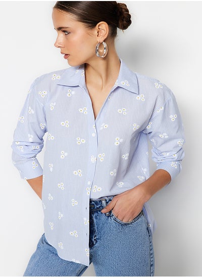 اشتري Blue Striped Floral Patterned Cotton Oversize Wide Fit Woven Shirt TWOSS23GO00373 في مصر