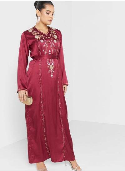 Buy V-Neck Embellished Jalabiya in UAE