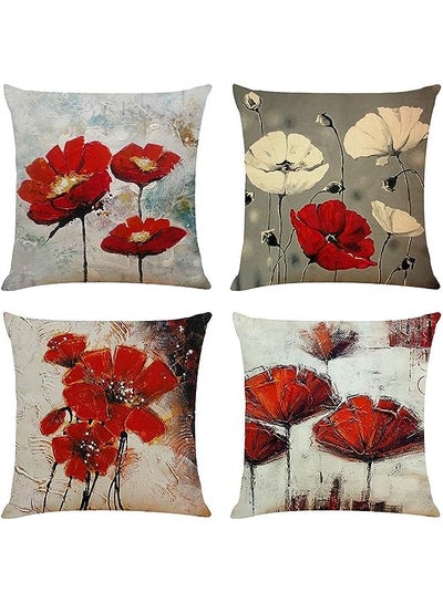 Buy Pillow Covers, 4 Pack Red Flower Cushion Covers 18x18 inches Boho Linen Square Throw Pillow Cases for Living Room Sofa Couch Bed Decorative Pillowcases in UAE