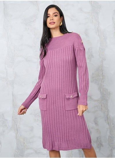 اشتري Textured Knit Sweater Dress with Front Pocket Detail في السعودية