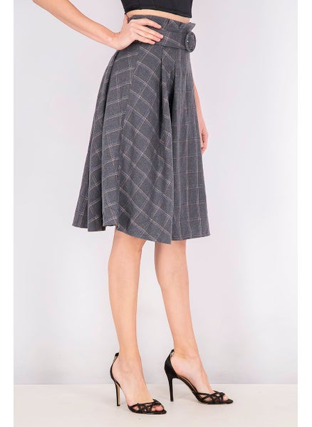 Buy Women Plaid Belted Flared Skirt, Grey Combo in UAE