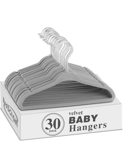 Buy 30 Piece Grey Baby Velvet Coat Hanger (28cm / 11 Inch) Nursery Clothes Hangers Non Slip Toddler Hangers, 360 Chrome Swivel Hook in UAE