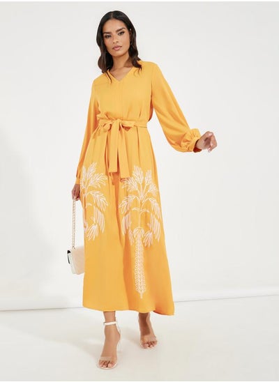 Buy Embroidered Panel Self Tie Belt Maxi Dress in Saudi Arabia