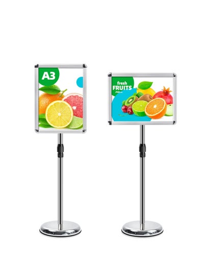 Buy A3 Sign Stand Adjustable Poster Stand Aluminum Snap Frame Menu Stand Replaceable Advertising Rack Floor Display Stands with Safety Corner and Stable Round Base (Silver, A3) in UAE