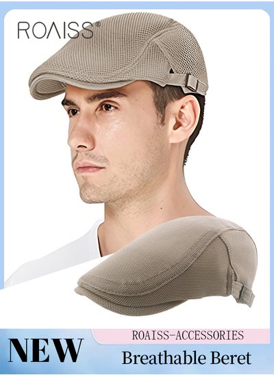 Buy Adjustable Newsboy Cap for Men Vintage Beret Flat Cap Breathable Mesh Hat Mens Summer Hat Golf Fishing Hat (Khaki, One Size) in Saudi Arabia