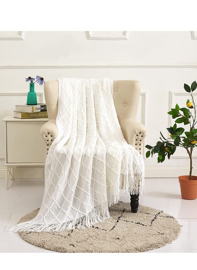 اشتري Sofa Decorative Blanket, Soft and Comfortable Knitted Blanket with Tassels for Sofa and Bed Diamond Shaped Coverlet Lightweight Decorative Bed End Blanket Nap Blanket (beige, 127x152cm) في السعودية