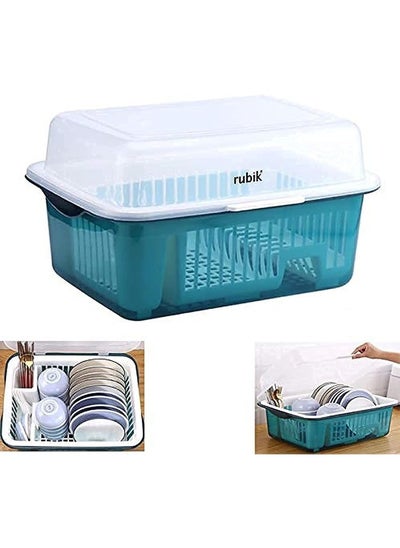 Buy Rubik Covered Dish Drying Storage Rack Kitchen Tableware Dish Drainer with Transparent Lid Cover in UAE