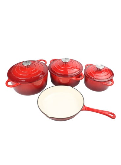 Buy Healthy and Safe, Non-Stick Enameled 7-PCS SET of Cast Iron Dutch Oven Cookware. Set includes: 24cm-1.4L Fry Pan, 18cm-1.7L, 21cm-2.7L, 24cm-3.9L Dutch Oven Cookware with Lids. in UAE