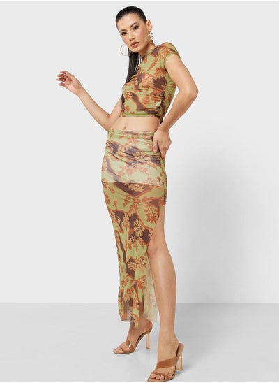 Buy Mesh Floral Print Crop Top & Skirt Set in Saudi Arabia