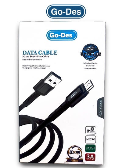 Buy Go-Des Micro USB Superfast Charging Data cable & Upto 480 Mbps Transfer Speed With 3A Output Nylon Braided Compatible All Major Brands 1M Black in Saudi Arabia