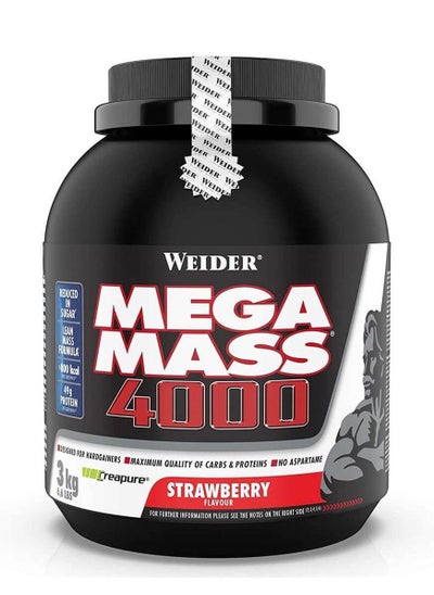 Buy Mega Mass 4000 3 Kg Weight Gainer with Protein, Creatine, Carbohydrate, Low Sugar, Vitamins and Minerals, Strawberry Flavour in UAE