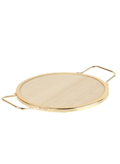 Buy Multi-purpose round gold frame wooden serving tray in Saudi Arabia